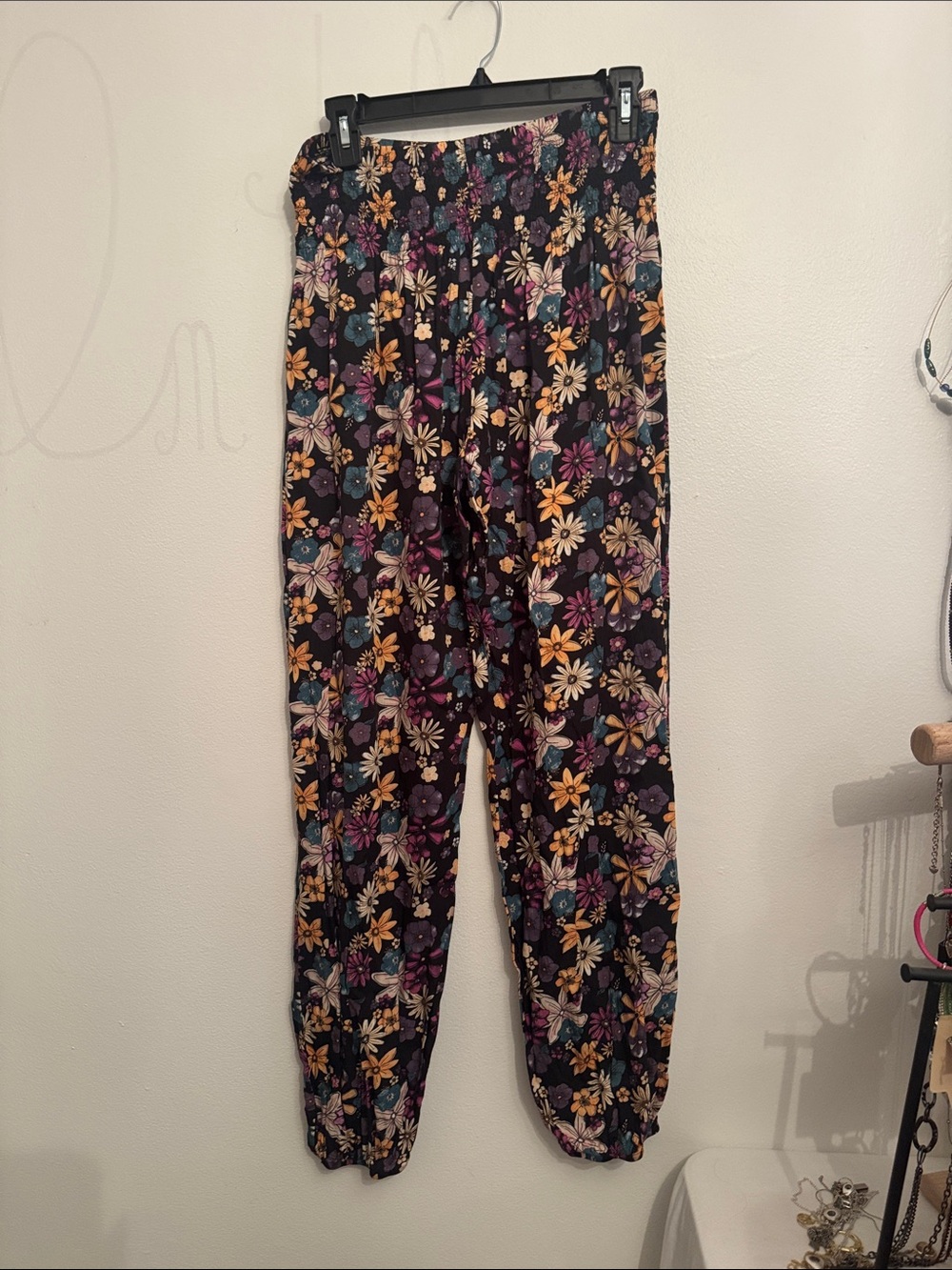 Lotus and Luna Elastic Waist Floral Joggers in Black Multi